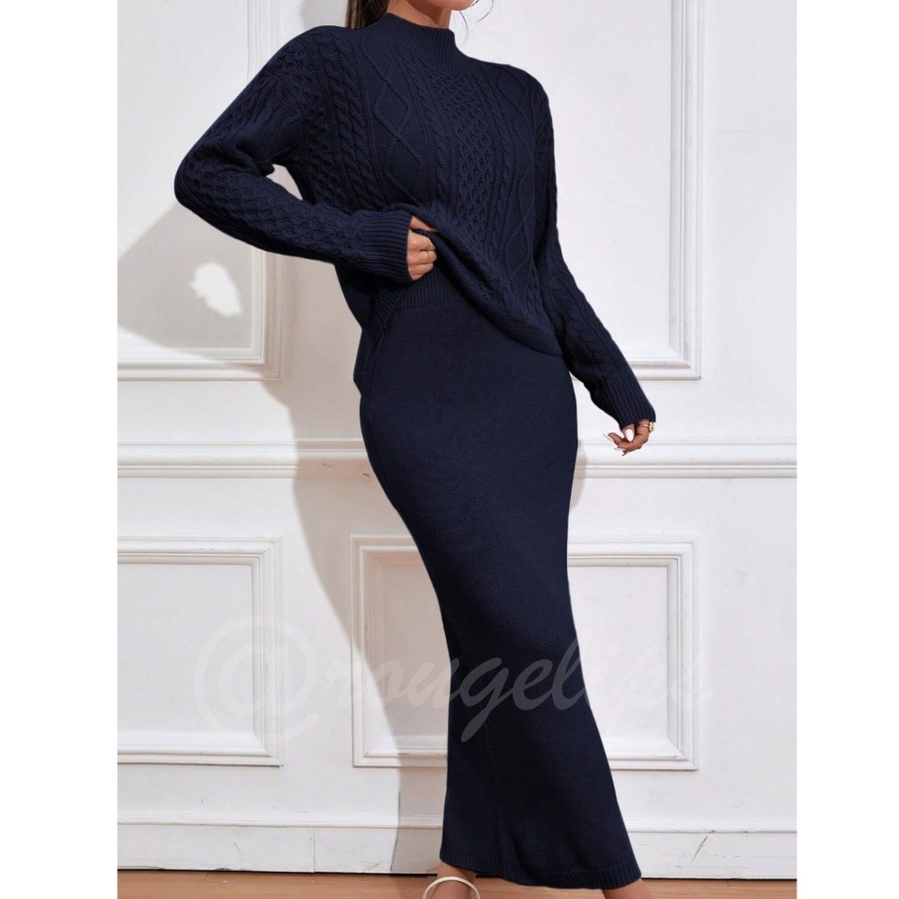 2 Piece Knit Skirt Set Navy Blue Long Skirt & Cable Knit Sweater - Picture 5 of 8